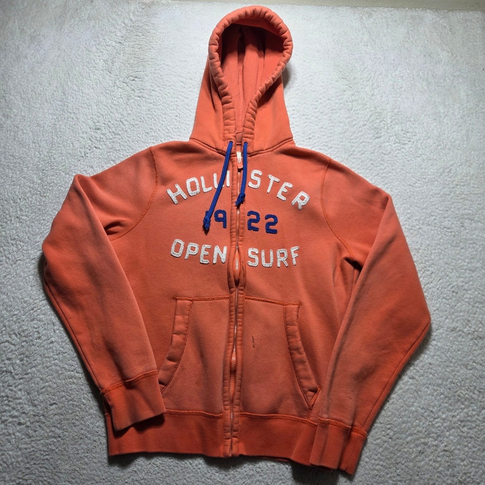Hollister Zip Up Hoodie Mens XL Orange Surf Graphic Y2K Beach Skater Casual